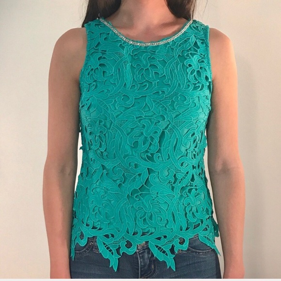 Soieblu Tops - Soieblu - Jade Color Cut Out Lace Overlay Tank Top